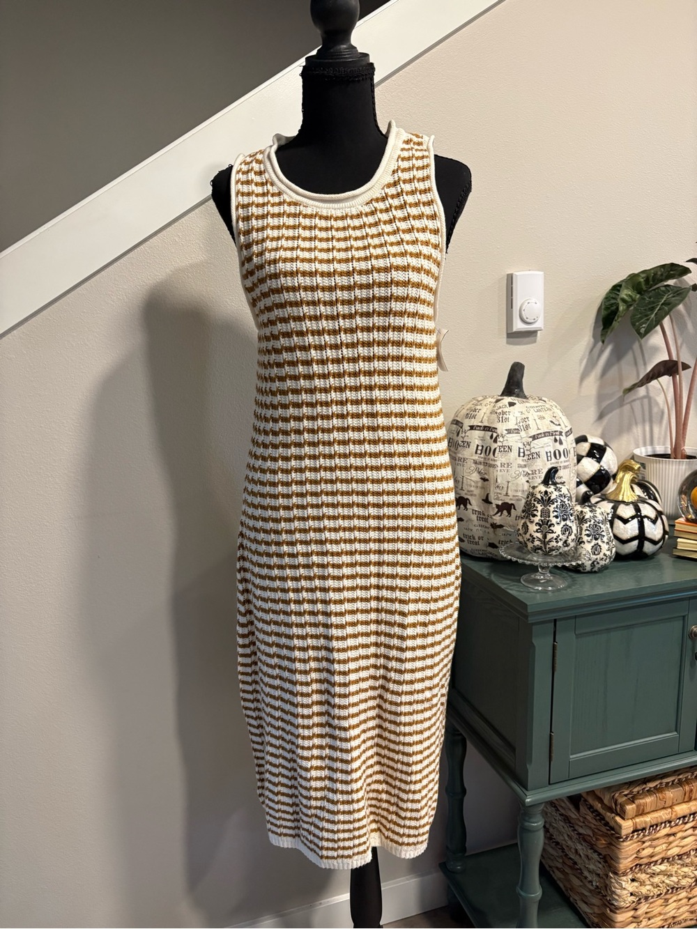 a new day Striped Knit Midi Dress in White and Tan